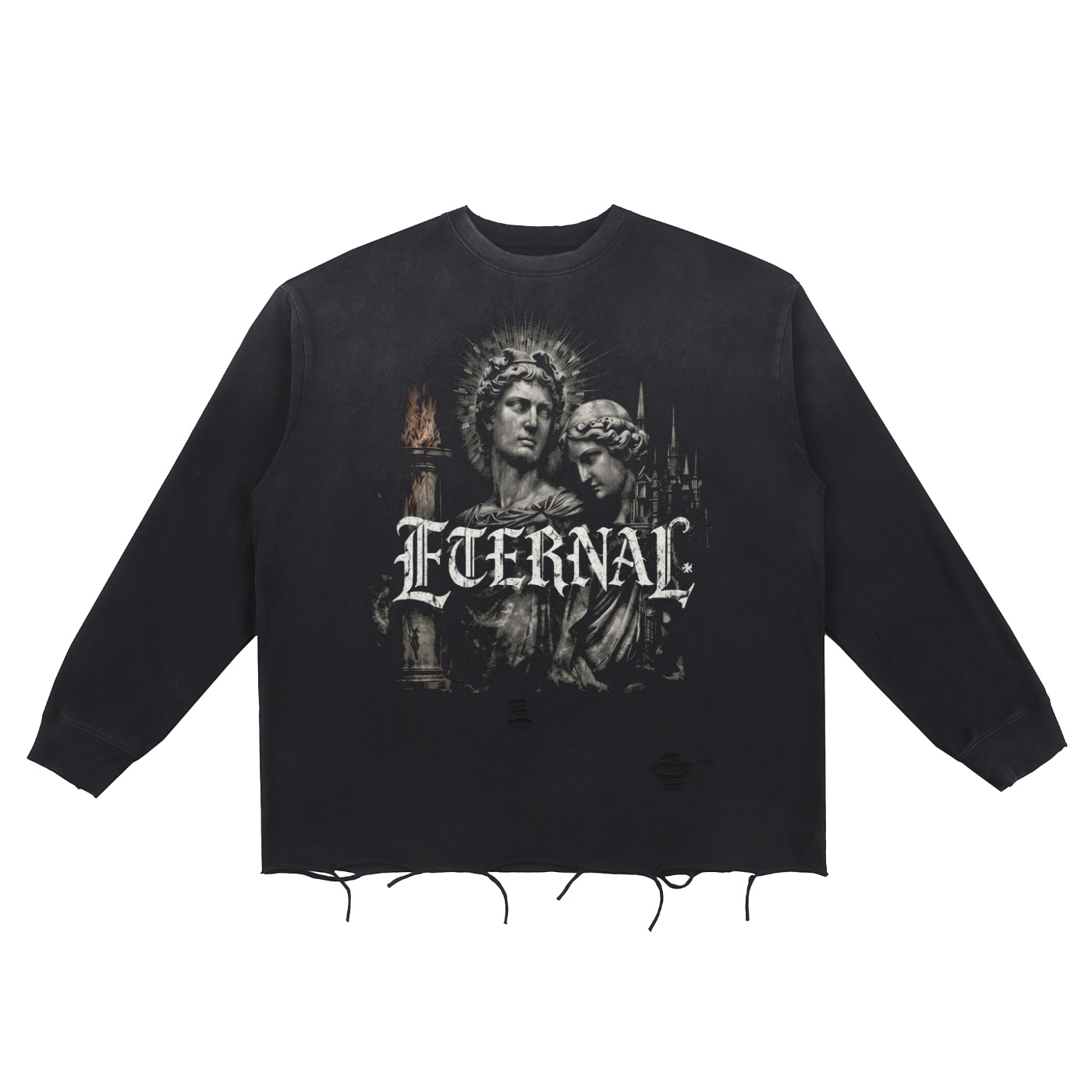 RAVYNX Shadow Saints oversized crewneck sweatshirt snow wash raw edge cotton t shirt