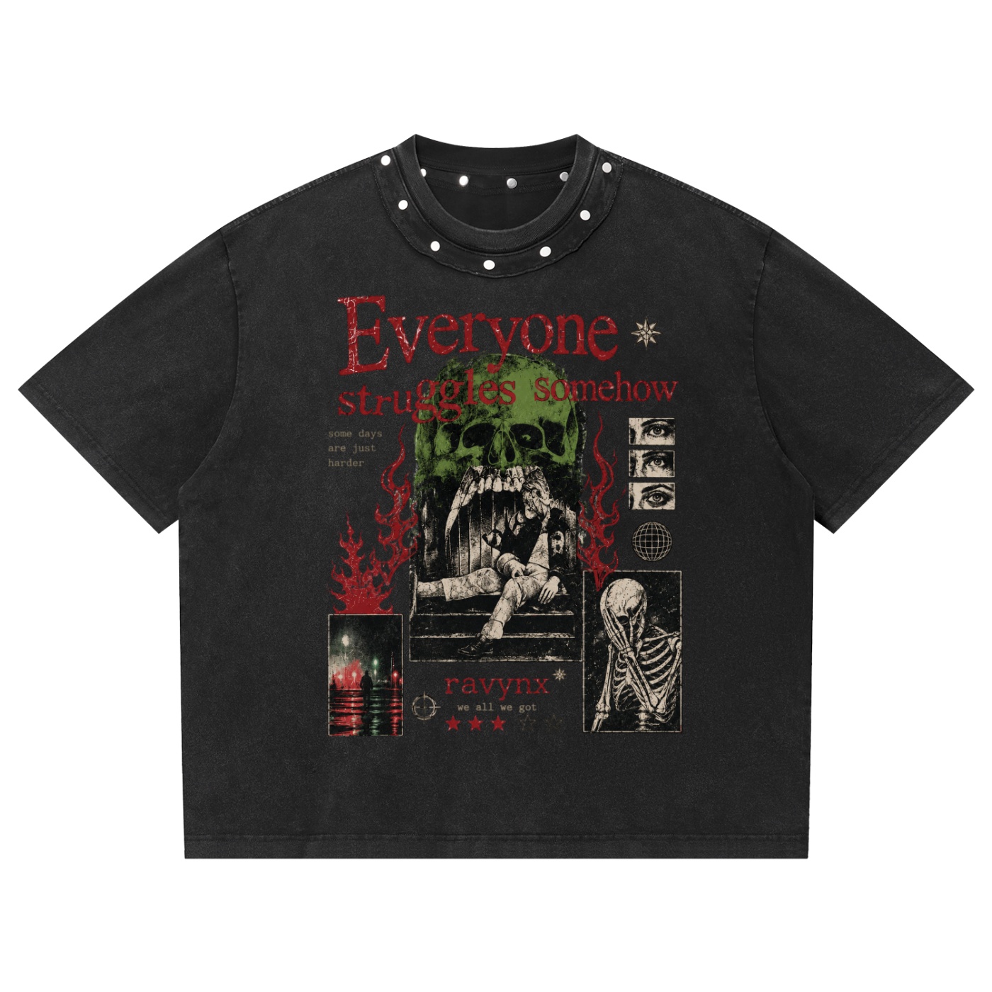 Ravynx "We All We Got" snow washed streetwear t-shirt unisex washed boxy studded t shirt