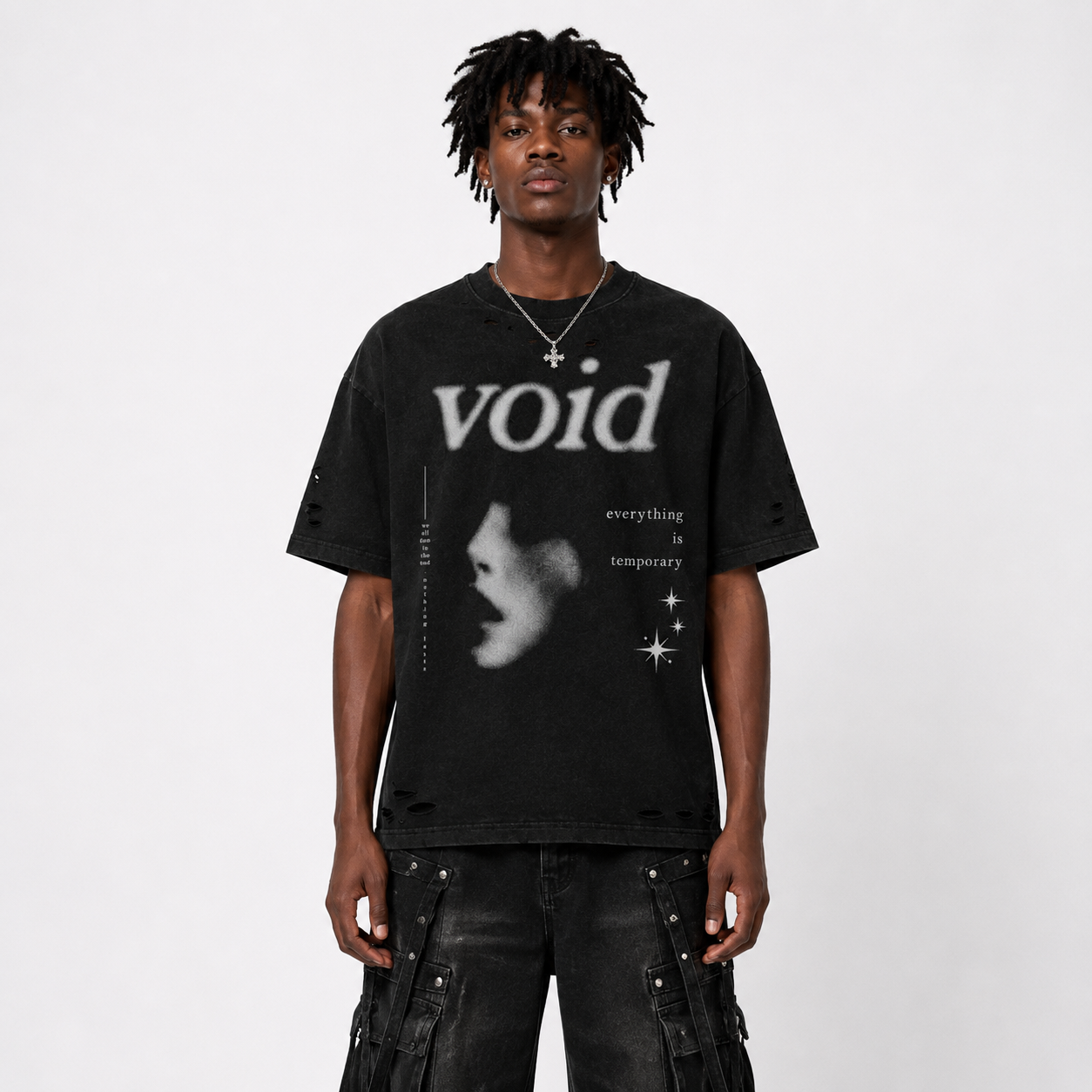 “void” heavyweight snow washed hand frayed t shirt "void" heavyweight snow washed hand frayed t shirt